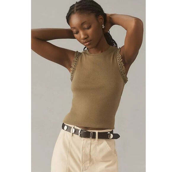 Maeve Anthropologie Eyelet-Trim Crop Tank Blouse Top Embroidered Ribbed XS - Picture 2 of 8